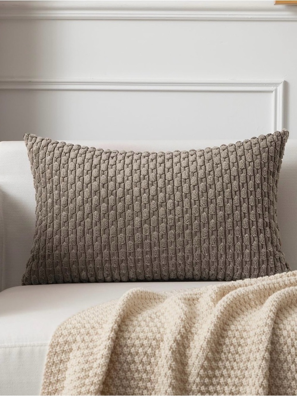 Textured Knit Lumbar Pillow Cover in Light Brown